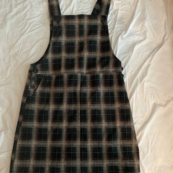 Juniors Plaid Brown Pinafore Dress - Picture 1 of 3